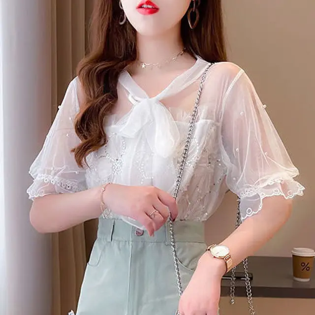 Women's All match Sequin Slim Fit Lace Shirt White - Shop at LoveMi