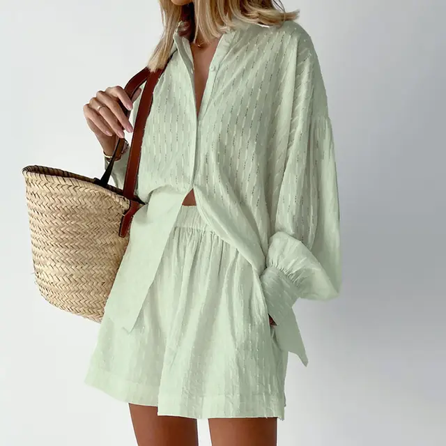 Women's European And American Shirt Jacquard Puff Sleeve Elegant Top Shorts Commuter Design Casual Suit Light Green - Shop at LoveMi