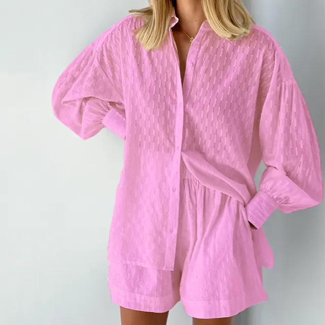 Women's European And American Shirt Jacquard Puff Sleeve Elegant Top Shorts Commuter Design Casual Suit Pink - Shop at LoveMi