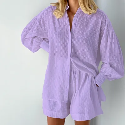 Women's European And American Shirt Jacquard Puff Sleeve Elegant Top Shorts Commuter Design Casual Suit Purple - Shop at LoveMi