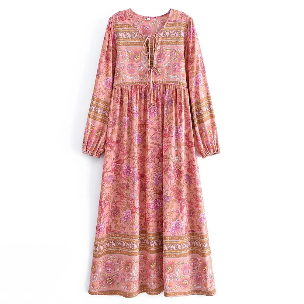 Women's Floral Fringed Bohemian Resort Style Long Dress Pink - Shop at LoveMi