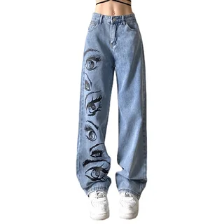 Fashion Personality Eye Print Blue Jeans Women - Blue