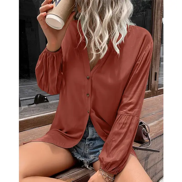 Casual Loose Single Breasted Shirt Dress Women Brick Red - Shop at LoveMi