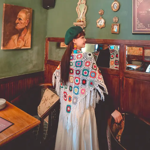 Bohemian Hand crocheted Fringed Shawl Ethnic Style White - Shop at LoveMi