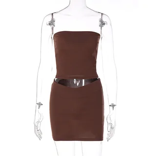 European And American Style Women's Clothing Summer Fashion Casual Horizontal Bra Slim Fit Short Skirt Suit - Brown