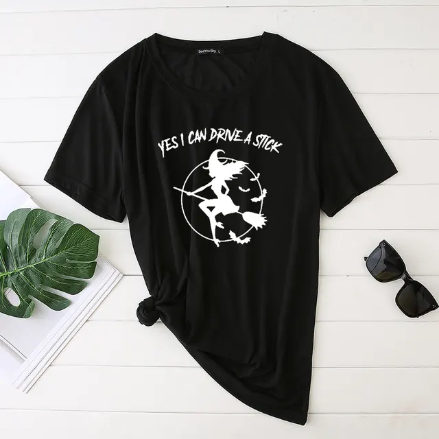 Flying Witch Print Crew Neck Short Sleeve T Shirt Black - Shop at LoveMi