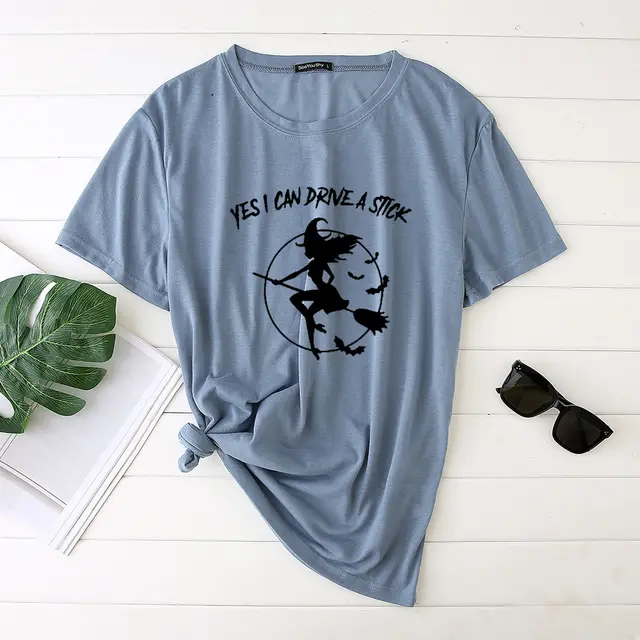 Flying Witch Print Crew Neck Short Sleeve T Shirt Grey Blue - Shop at LoveMi