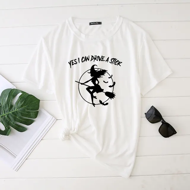 Flying Witch Print Crew Neck Short Sleeve T Shirt White - Shop at LoveMi