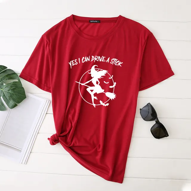 Flying Witch Print Crew Neck Short Sleeve T Shirt Wine Red - Shop at LoveMi