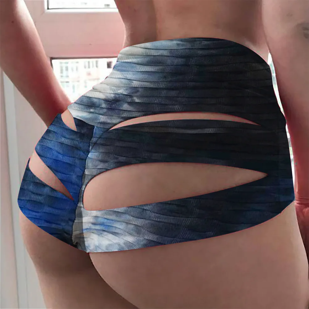 Women's Summer Tie-dye Bubble Cloth Ripped Hip Shorts - Blue