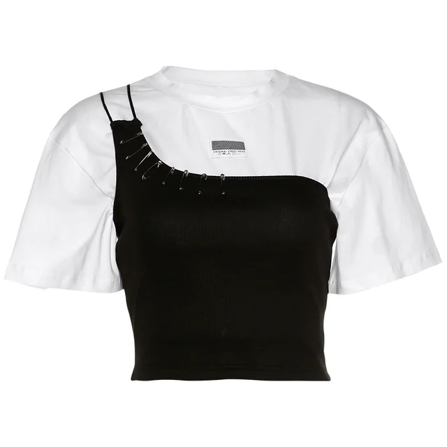 Summer New Sweet Cool Round Neck Short Sleeve Irregular Spaghetti strap Two piece Set Top Women Black With White - Shop at LoveMi