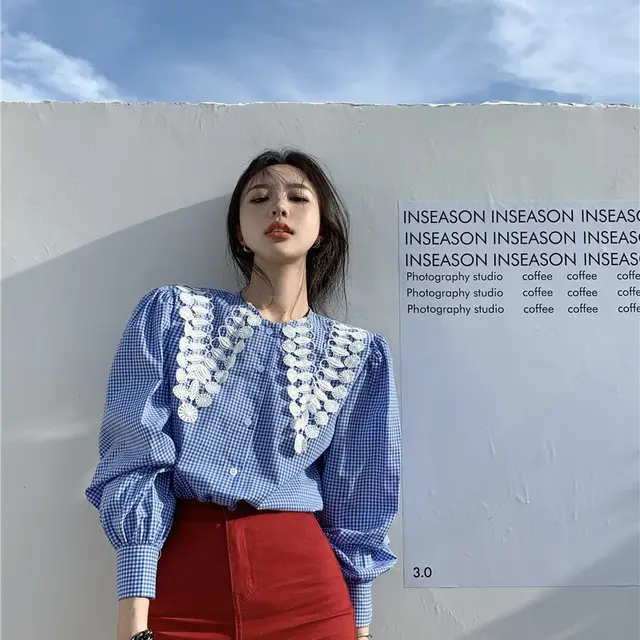 Women's Niche French Retro Doll Collar Long Sleeve Shirt Blue - Shop at LoveMi