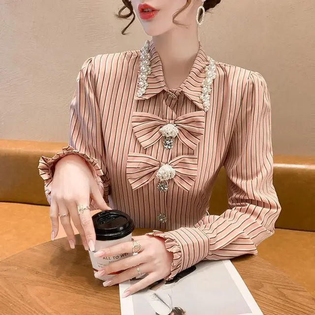 New Retro Three dimensional Flower Bow Rhinestone Shirt Pink - Shop at LoveMi