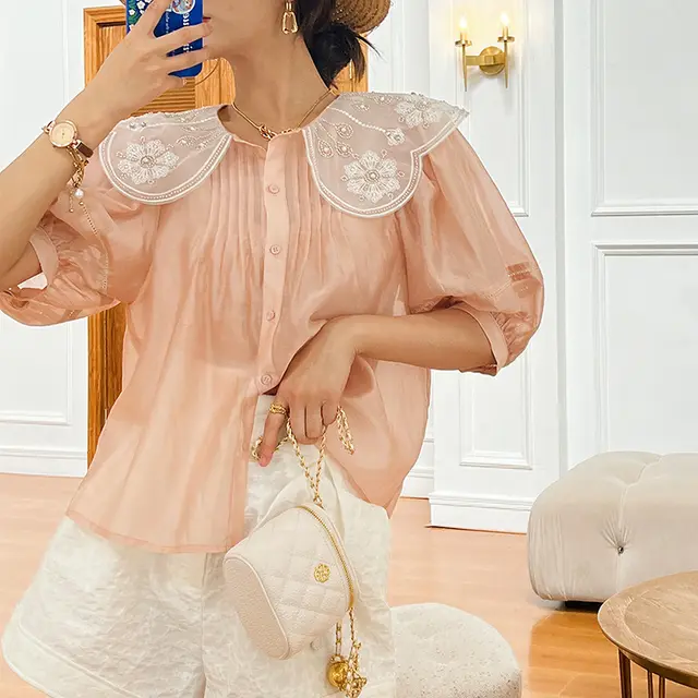 Women's French Doll Collar Tencel Shirt Pink - Shop at LoveMi