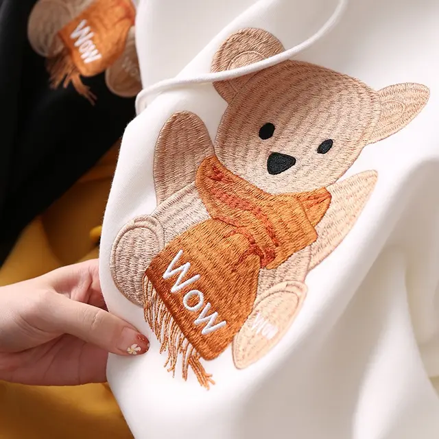 Women's Trendy Spring And Autumn Bear Embroidery Hooded Sweater White - Shop at LoveMi