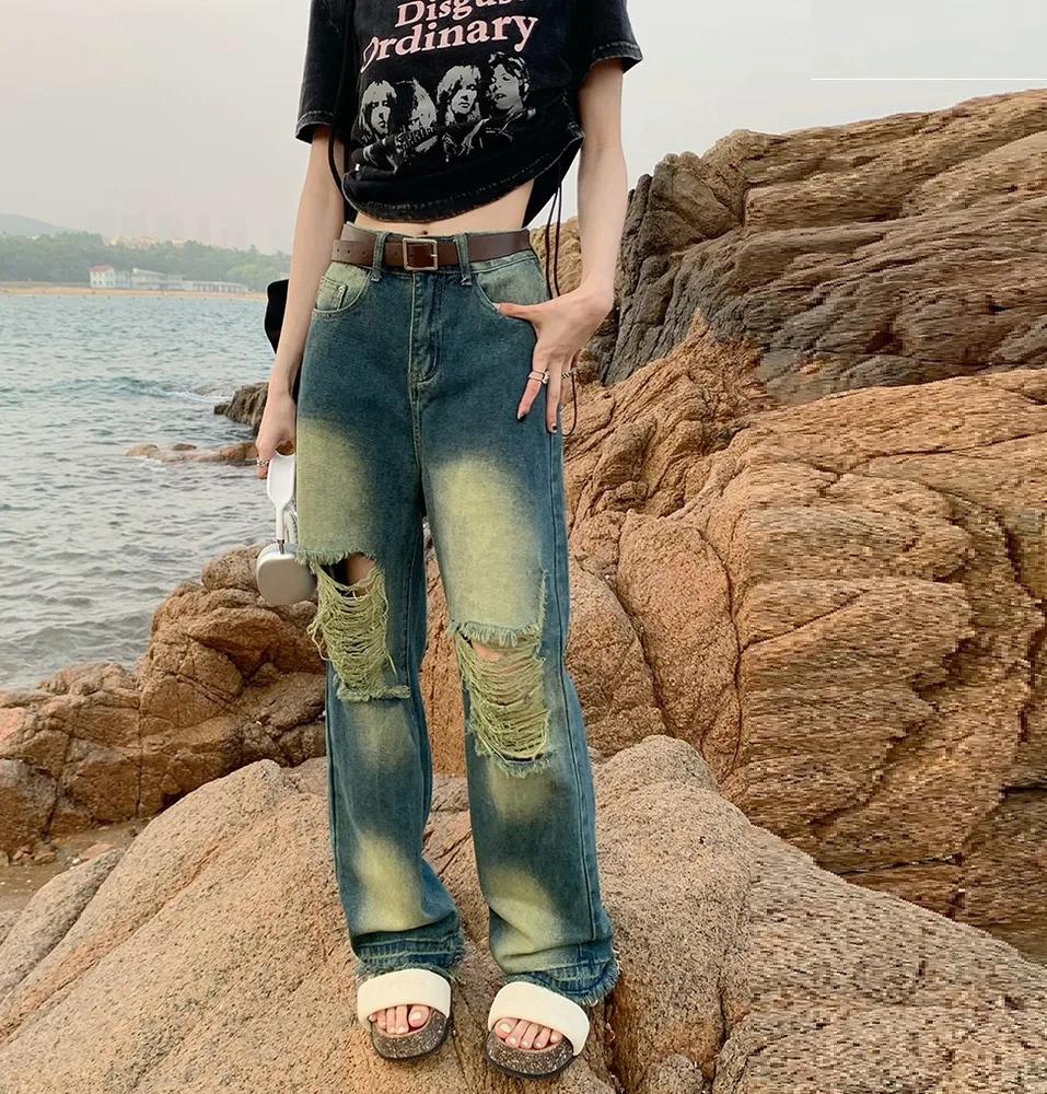 Nostalgic Big Hole Loose Straight Denim Mopping Trousers Blue - Shop at LoveMi
