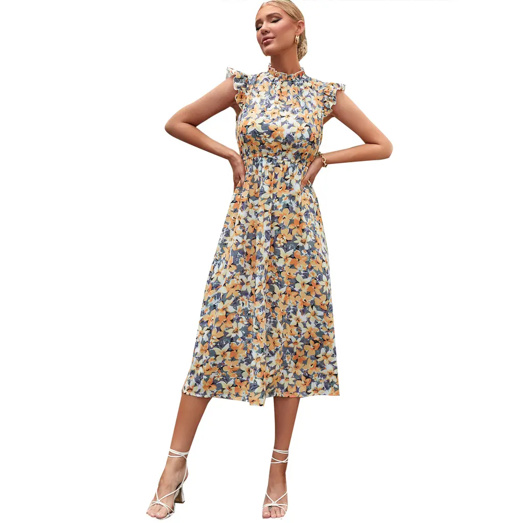 Leisure Temperament Holiday Style High Waist Floral Dress - Yellow