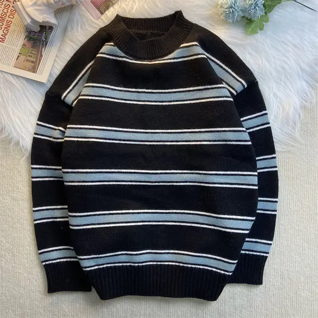 Striped Crewneck Sweater Men's Autumn And Winter Style - Black