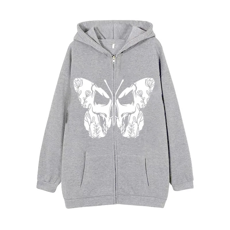 Casual Cardigan Dark Butterfly Print Zip Sweatshirt Grey - Shop at LoveMi