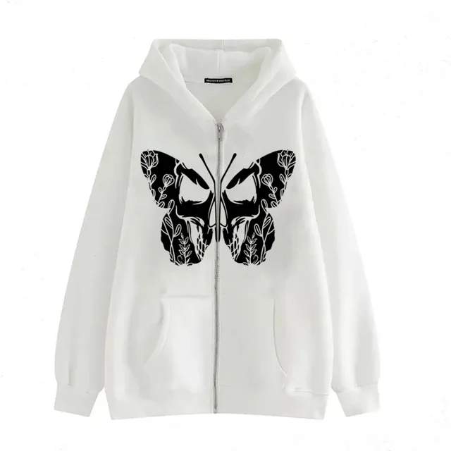 Casual Cardigan Dark Butterfly Print Zip Sweatshirt White - Shop at LoveMi