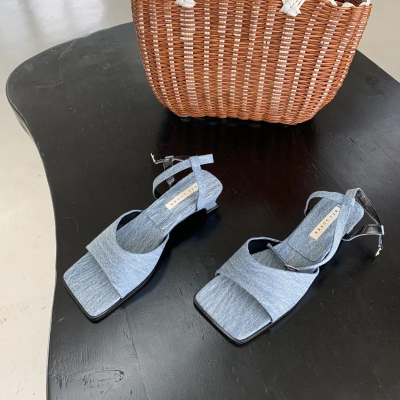 Summer One Word Buckle High-heeled Women's Sandals - Blue