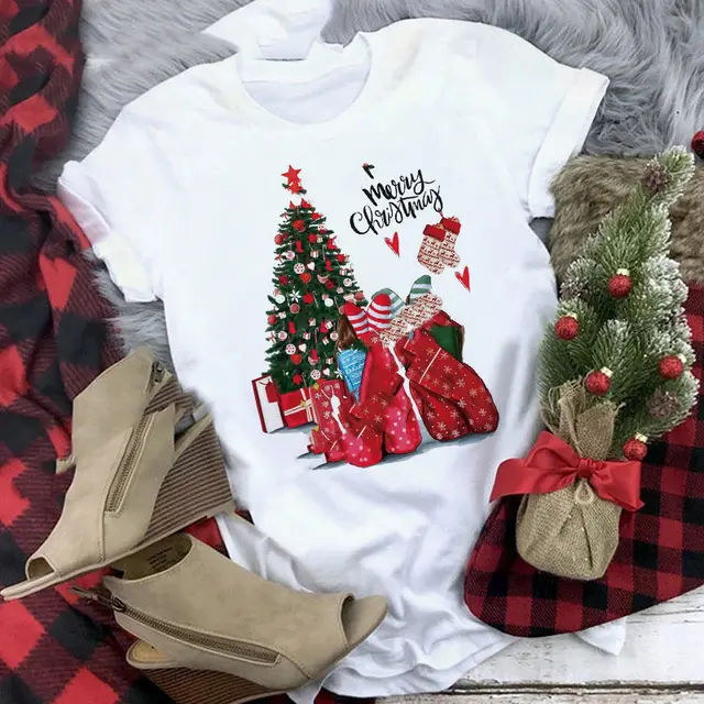 Christmas Print Girlfriends Red T Shirt 17110White - Shop at LoveMi