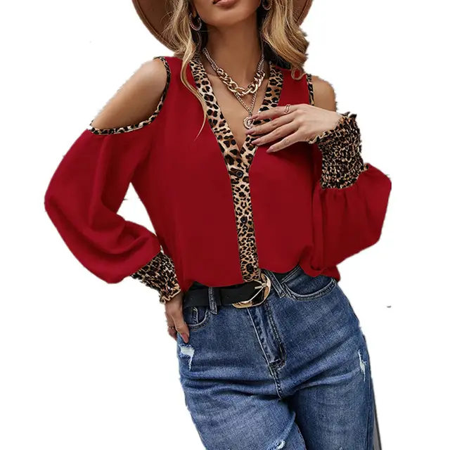 New Leopard Print Patchwork V Neck Button T Shirt Red - Shop at LoveMi