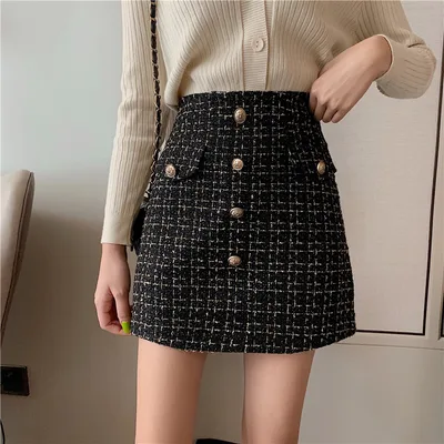 Women's Plaid A Line High Waist Tweed Skirt Black - Shop at LoveMi