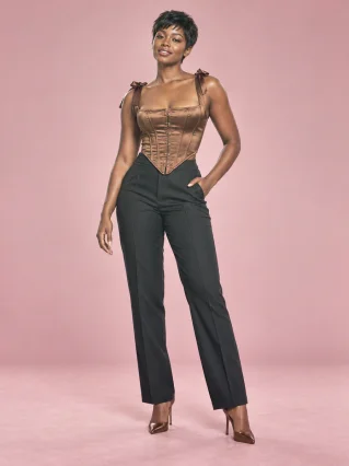 Satin Tunic Sexy Strap Slim Fit Cropped Fishbone Corset - Brown
