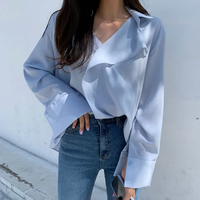 Blue V Neck Crossover Design Loose Versatile Long Sleeve Sunscreen Shirt Blue - Shop at LoveMi