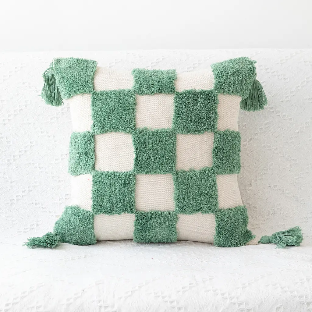 Hand-woven Craft Tufted Colourful Red Pillowcase - Checkered Green