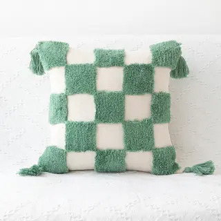 Hand-woven Craft Tufted Colorful Red Pillowcase - Checkered Green