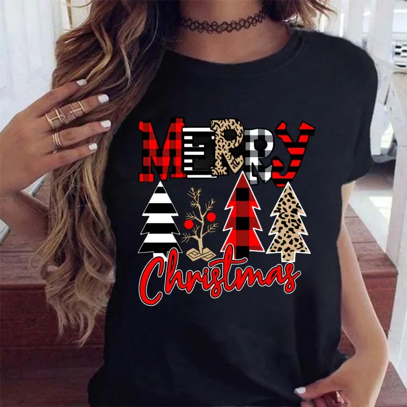 Christmas Red Plaid Leopard Short Sleeves - 33404Black