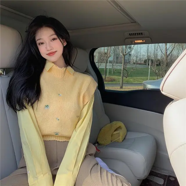 Shirt Knitted Vest Two piece Women's Spring And Autumn Outer Wear Yellow Knit Vest - Shop at LoveMi