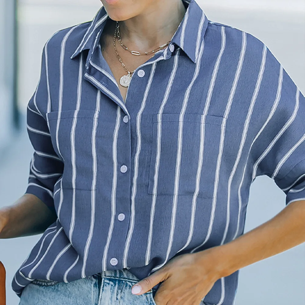 Women's Striped Lapel Short Sleeve Cardigan Single Breasted Casual Shirt Blue - Shop at LoveMi