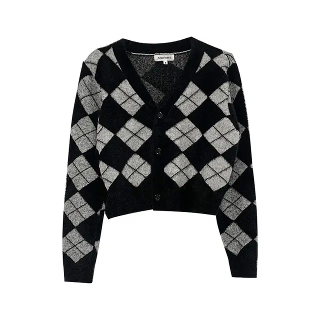 Women's Soft Waxy And Comfortable Rhombus Knitted Cardigan Black - Shop at LoveMi