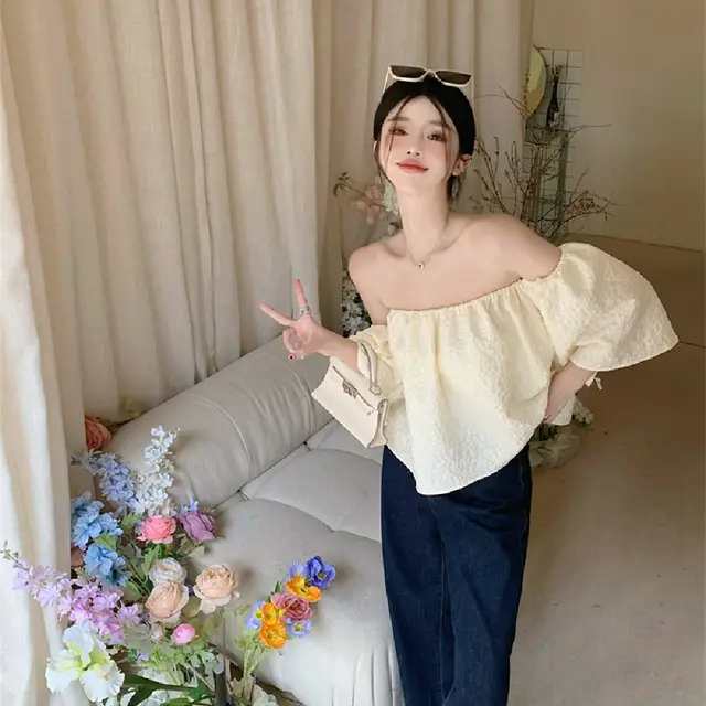 One shoulder Short sleeved Shirt Puff sleeve Cropped Top Apricot - Shop at LoveMi