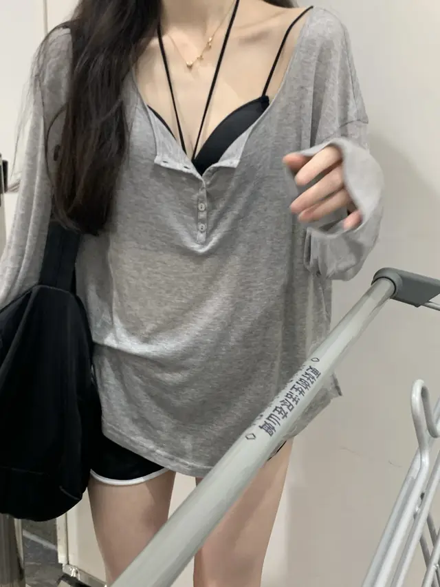 Pure Desire Women's Thin Sunscreen V Neck Blouse Grey Sun Shirt - Shop at LoveMi