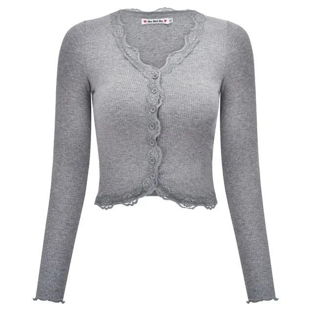 Lace trimmed V neck Paneled Long sleeve T shirt Top Light Grey - Shop at LoveMi
