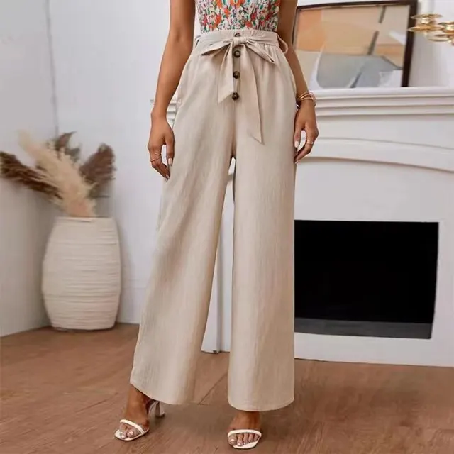 Women's Solid Color Cotton Linen Loose Wide Leg Pants Apricot - Shop at LoveMi