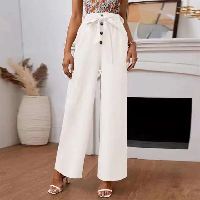 Women's Solid Color Cotton Linen Loose Wide Leg Pants - White