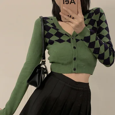 Women's Autumn Long Sleeve Single Breasted Short Sweater Cardigan Green - Shop at LoveMi