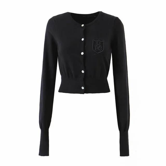 British Style Letter Embroidered Cropped Knitted Sweater Coat Black - Shop at LoveMi