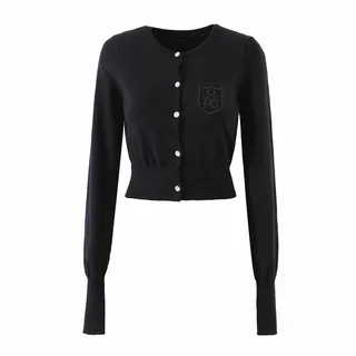 British Style Letter Embroidered Cropped Knitted Sweater Coat - Black