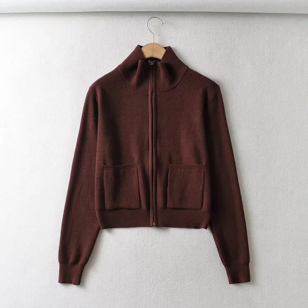 Women's New Lapel Double Zip Turtleneck Knitted Sweater Coat Coffee - Shop at LoveMi