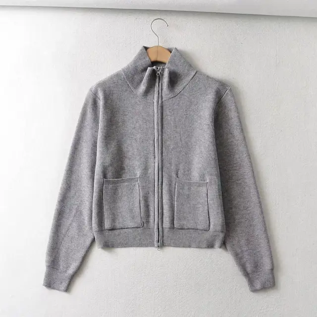 Women's New Lapel Double Zip Turtleneck Knitted Sweater Coat Dark Grey - Shop at LoveMi
