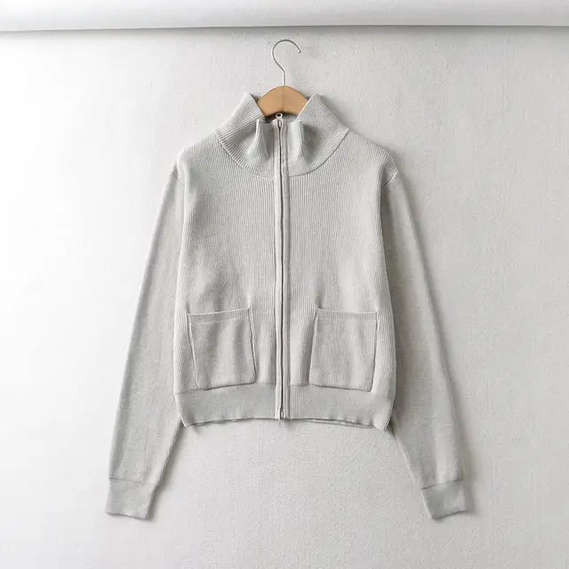 Women's New Lapel Double Zip Turtleneck Knitted Sweater Coat Light Grey - Shop at LoveMi