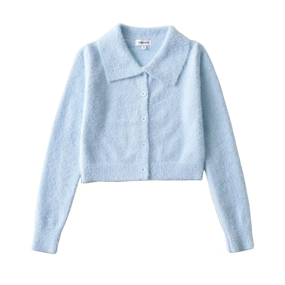 New Lapel Clean Single Breasted Long Sleeve Knit Cardigan Jacket Light Blue - Shop at LoveMi
