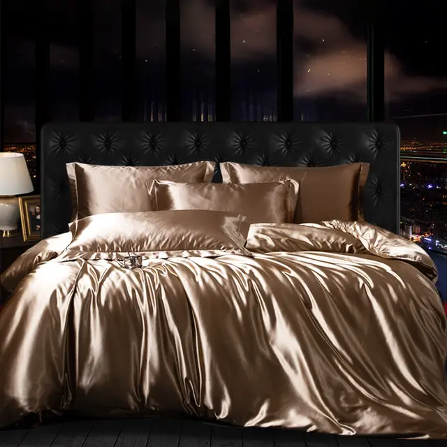 High grade Silk Four piece Simple Quilt Cover Sheet Bedding Champagne Gold - Shop at LoveMi