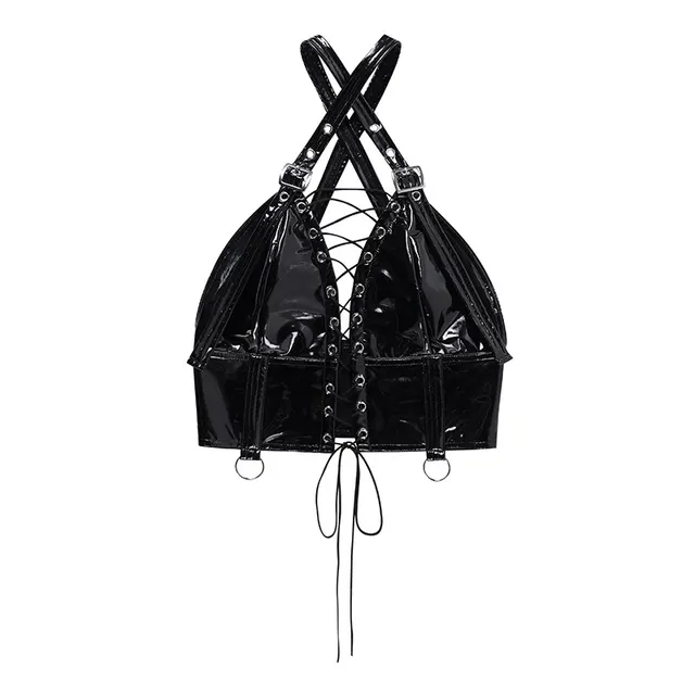 Women's Dark Style PU Hot Girl Fashion Tight Strap Suspender Top Black - Shop at LoveMi